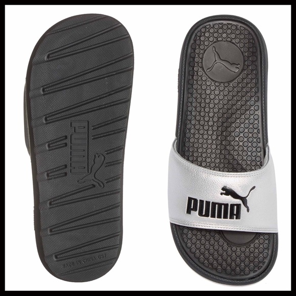 PUMA SILVER BLACK SLIDES SANDALS CAT SLIP ONS A2C - Picture 5 of 8